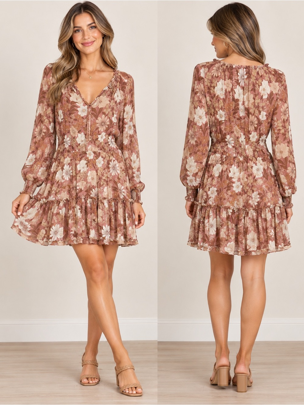 Petal & Pup - Floral Tiered Long-Sleeve Mini Dress - Brown